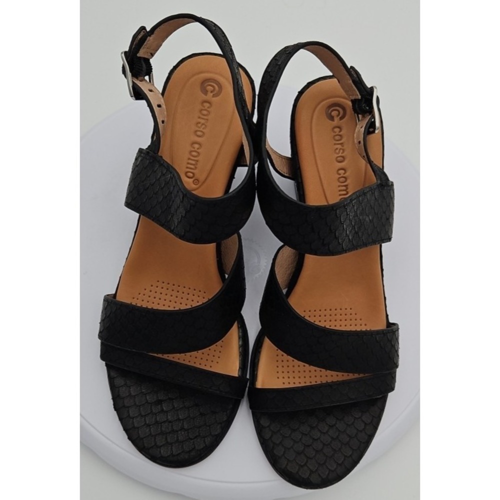 CC Corso Como NASHILA Black Leather W/7.5 Snake Accent Wedge Strappy Sandal NWOB - Picture 13 of 15